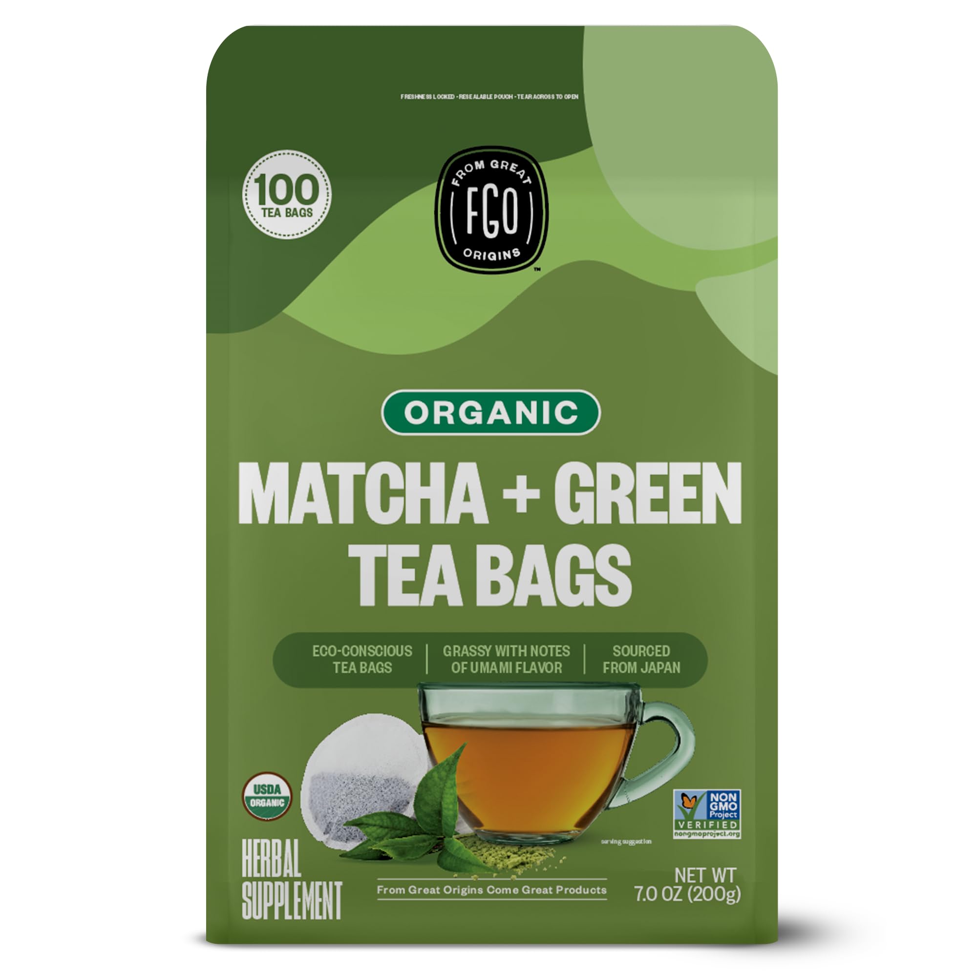 USDA Organic FGO Organic Japanese Matcha + Green Tea, Eco-Conscious Tea Bags for Health-Conscious Consumers, Perfect fo
