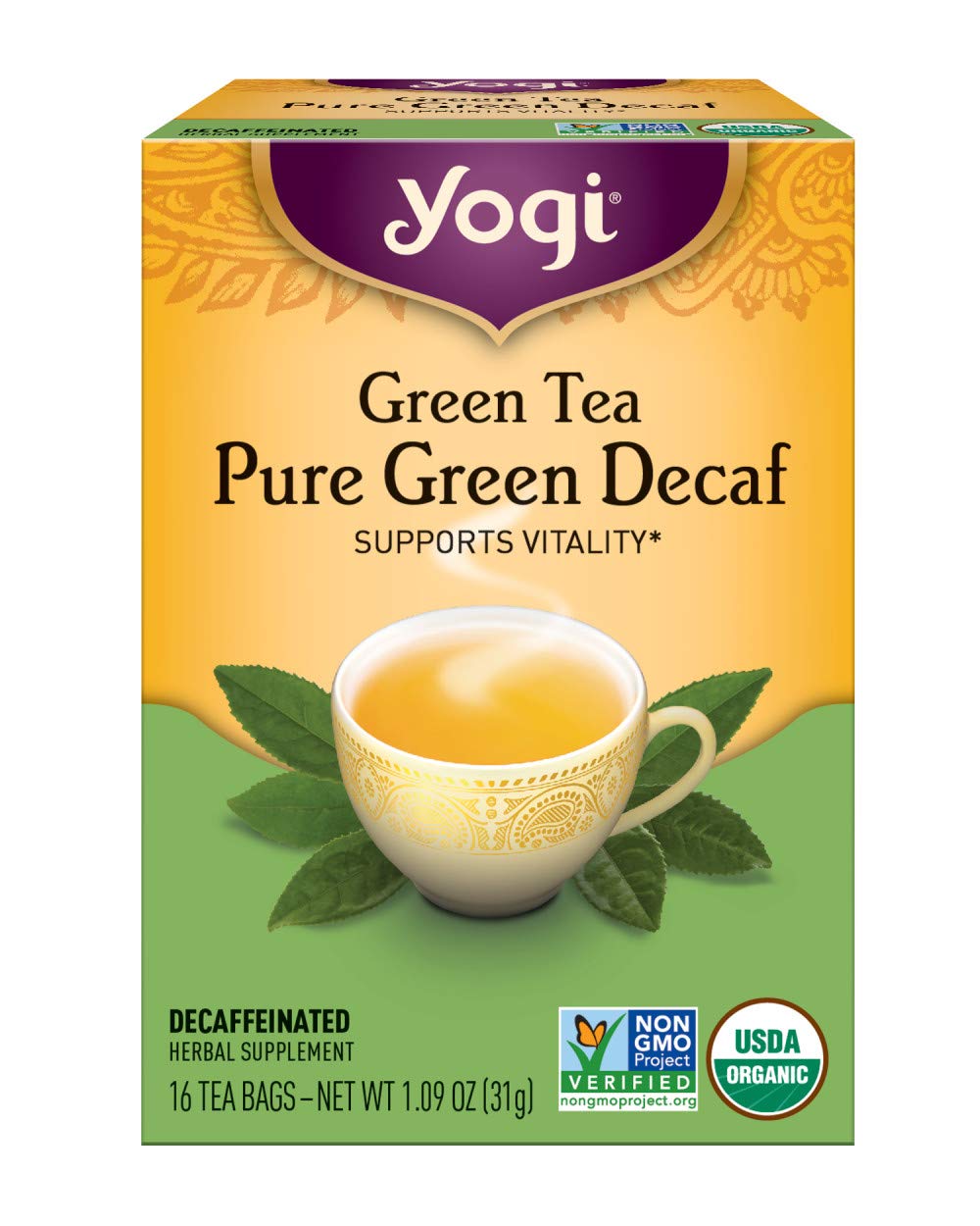 Yogi Tea Green Tea Pure Green Decaf for Stress Relief, Organic, 1.09 Ounce