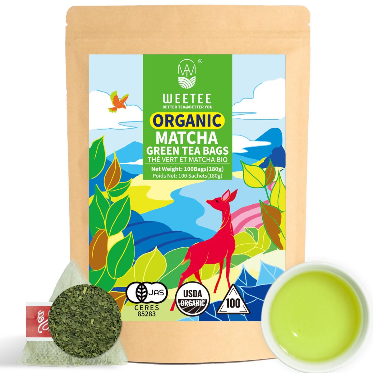 WT WEETEE Organic Matcha Green Tea Bags, USDA Organic for Health-Conscious Consumers, Easy & Quick to Brew for Cold or H