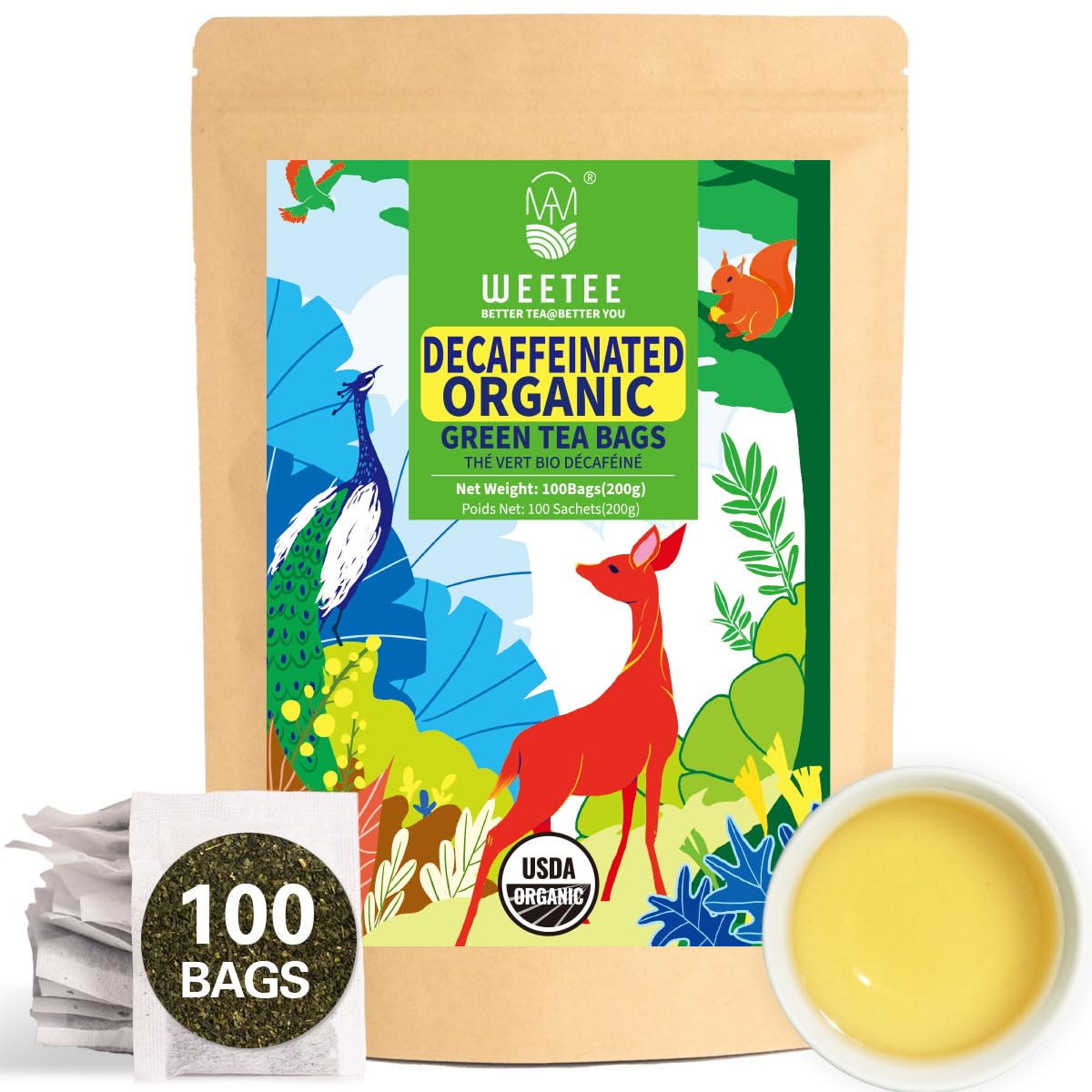 WT WEETEE Organic Green Tea Bags | CO2-Decaffeinated | Super Antioxidant | Resealable Kraft Bag | USDA Organic | 100 Cou