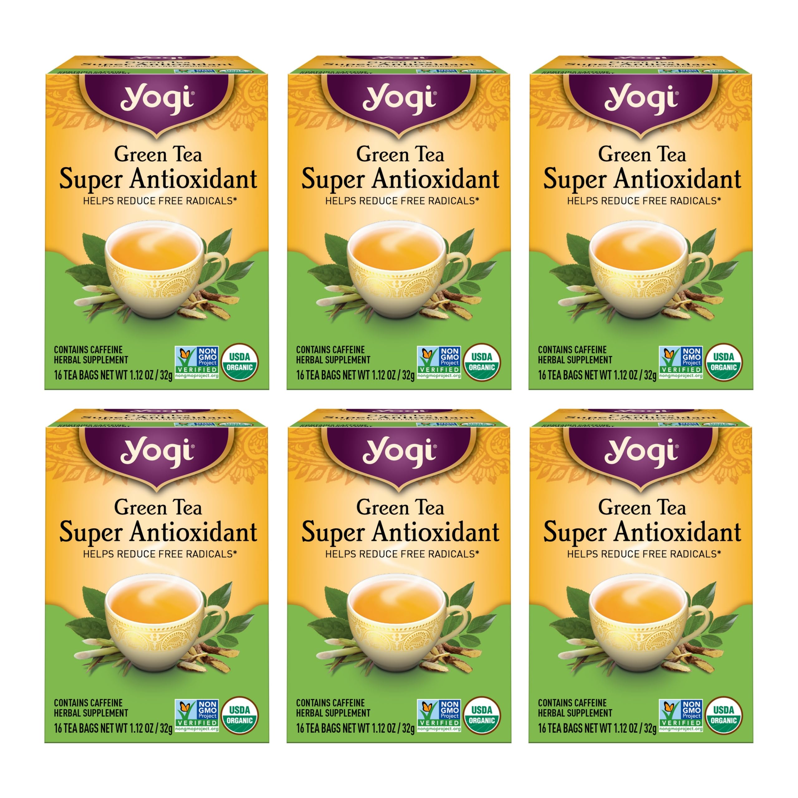 Yogi Tea Green Tea Antioxidant Supercharged - Organic Green Tea - Antioxidant Support for Health - 16 Tea Bags x 6 Packs